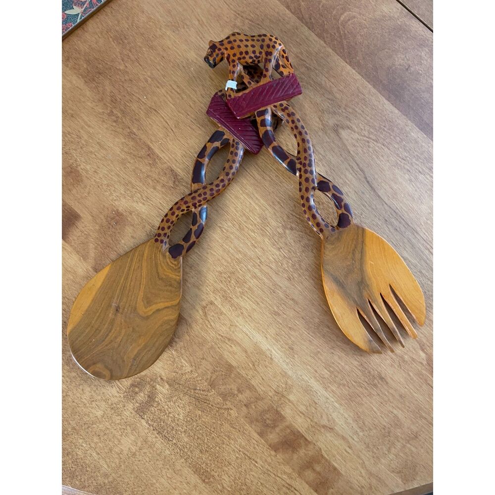 Carved Leopard Wood Salad Spoon & Fork Server Serving Set Vintage New Kitchen